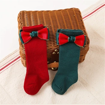 2 пары рождественских носков для маленьких девочек с украшением в виде бабочки, детские носки до колен, эластичные дышащие носки-трубочки