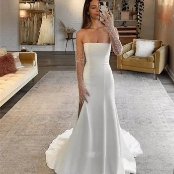 2024 Простое свадебное платье Русалки из эластичного атласа с жемчугом, белое платье невесты трапециевидной формы без бретелек длиной до пола