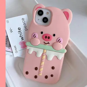 3D Милый Мультяшный Чехол для Телефона Bubble Tea Pig для iPhone 14 13 12 11 Pro Max Розовый Мягкий Резиновый Силиконовый Защитный Чехол Shell