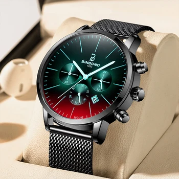 BINBOND, мужские кварцевые наручные часы, лучший бренд класса Люкс, Сетчатый ремешок из нержавеющей стали, Дизайн Symphony Glass, Дисплей календаря с тремя циферблатами.