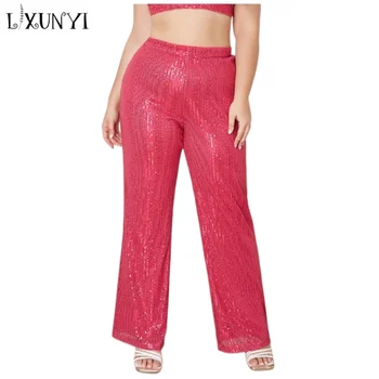 LXUNYI Плюс Размер, женские Модные брюки с розовыми блестками, женские 2023, эластичный пояс, прямые брюки с париком, Летние брюки Плюс размер