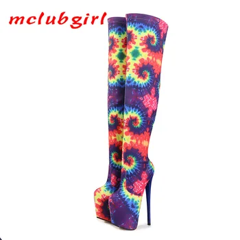 Mclubgirl/ Женские ботинки; Пикантные Ботинки Большого размера 43 До колена На высоком каблуке 20 см; Разноцветные ботинки Для ночного клуба; Роскошная Дизайнерская обувь MJL-6678-99