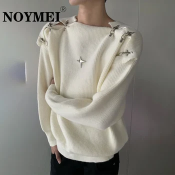 NOYMEI Осенняя модная металлическая пряжка на плече, вязаный свитер с длинным рукавом, Свободный Корейский Мужской пуловер без воротника, футболка WA1841
