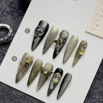 Y2K Ручной работы на шпильках для ногтей Роскошный Готический Дизайн с 3D Шармом Многоразовые Клейкие Акриловые Накладные ногти С Полным покрытием Кончиков ногтей