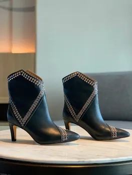 Zapatos Para Mujeres С острым носком, черные металлические сапоги до середины икры, женская обувь на высоком каблуке, однотонная текстура.