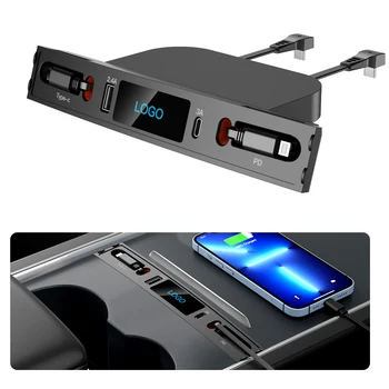 Автомобильное USB-зарядное Устройство с Несколькими Портами для 2021 2022 2023 Tesla Model 3 / Y, Многофункциональные Аксессуары Tesla с Логотипом и Выдвижным Кабелем