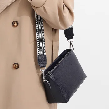 Женская сумка-мессенджер из воловьей кожи первого слоя, широкий тканевый ремешок, сумка для подмышек, модный мягкий однотонный повседневный простой портативный для работы.