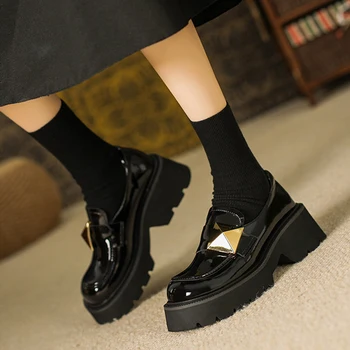 Женская униформа в стиле Лолиты JK, Милые туфли-лодочки на платформе Mary Jane, Лоферы из натуральной кожи с металлической пряжкой на низком каблуке 6 см, обувь A26-20