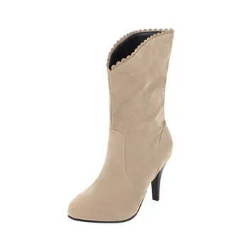 Женские ботинки Зима 2023, женские ретро Однотонные замшевые кружевные украшения, Короткие сапоги на тонком высоком каблуке, женские ботинки в западном стиле