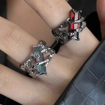 Женское кольцо-манжета в стиле ретро с темной лавой и цирконием, Крутое модное женское ювелирное изделие, подарок для вечеринки, Рок-кольцо для женщин
