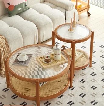 Журнальный столик из массива дерева, плетеный из ротанга, для гостиной, для мелкого домашнего хозяйства, стеклянный, бревенчатый, круглый столик на краю дивана