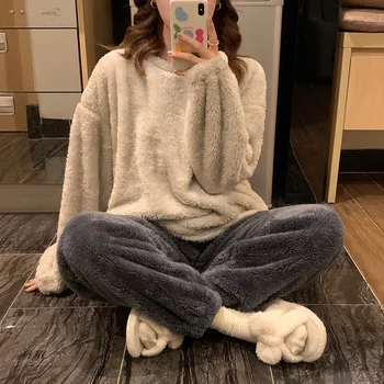 Зимняя новая длинная плюшевая пижама, Женская пижама с длинными рукавами, Однотонный утолщенный пуловер и брюки, комплект домашней одежды