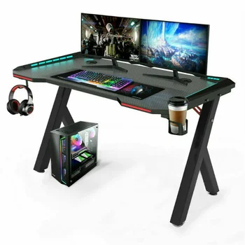 Игровой стол L, Компьютерный стол для геймеров, Эргономичное рабочее место со светодиодной подсветкой RGB, крючок для наушников, подстаканник для домашнего офиса