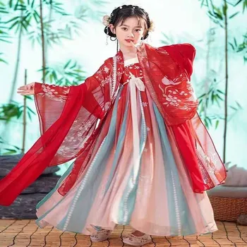 Китайское платье Hanfu для девочек, детский карнавальный костюм принцессы на Хэллоуин, день рождения, Красное платье Hanfu для девочек от 3 до 13 лет