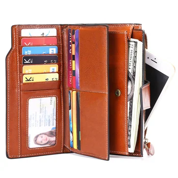 Кожаная противоугонная щетка RFID, женский кошелек, длинная масляно-восковая сумка для мобильного телефона, кожаный кошелек