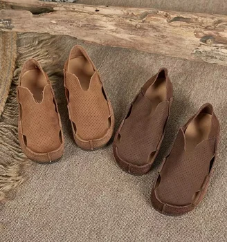 Кожаные сандалии, женская обувь, новые римские туфли с круглой мягкой подошвой из воловьей кожи с отверстиями