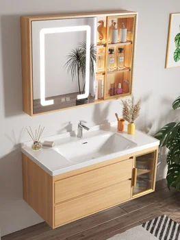 Комбинированный шкаф для ванной комнаты из массива дерева в японском стиле, легкий роскошный туалет, керамический встроенный умывальник, умный шкаф для ванной комнаты