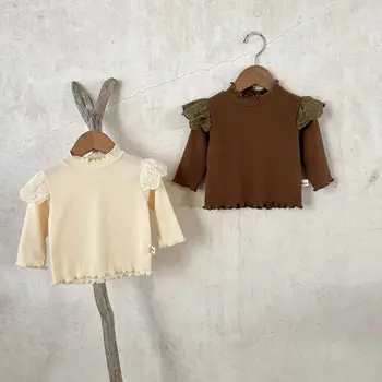 Корейская весенняя кружевная футболка для девочек, Детская футболка с круглым вырезом и длинным рукавом, однотонная хлопковая Детская мягкая эластичная верхняя одежда для младенцев