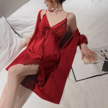 Летний бордовый халат, сексуальный кружевной комплект из 2 предметов, ночная рубашка с V-образным вырезом и халат, Новинка, комплект для сна, женское кимоно, домашняя одежда