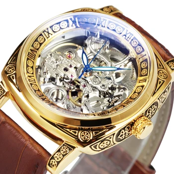 Модные винтажные часы с королевской гравировкой, мужские часы-скелет, T-winner, Роскошные Золотые Автоматические Механические наручные часы, Мужские Reloj