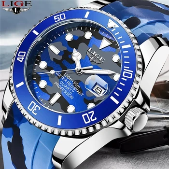 Модные мужские часы LIGE, лидирующий бренд, роскошные кварцевые наручные часы, спортивные, темно-синие, камуфляжные, силиконовые часы для мужчин, Relogio Masculino