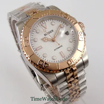 Мужские автоматические часы с покрытием из розового золота NH35 /Miyota8215 Sapphire с окошком даты, белый циферблат, циферблат Lume, юбилейный ремешок, Керамический безель 40 мм