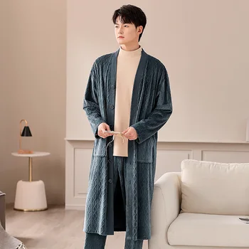 Мужской халат с V-образным вырезом и пуговицами в плюшевом стиле, халат, осенне-зимняя домашняя интегрированная пижама