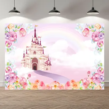 Нитри Весенний замок Принцесса Детский душ Фон для дня рождения Девушки Цветы Карета для вечеринки Дворец Лес Вишневорозовый
