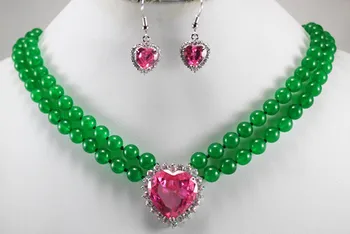 НОВОЕ ожерелье из зеленого нефрита 2 ряда 8 мм, подвеска из розового хрусталя, серьги с нефритами, ювелирный набор