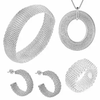 Ожерелье из красивой плетеной сетки из стерлингового серебра 925 пробы, серьги, браслет, кольцо для женщин, модный свадебный комплект ювелирных изделий, подарок