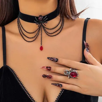 Панк-готическое ожерелье с подвеской в виде паука из красного хрусталя для женщин, мужчин, Преувеличенное металлическое ожерелье с кисточкой, ювелирные изделия на Хэллоуин