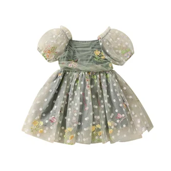 Платье для маленьких девочек с цветочной вышивкой и рюшами из сетки с коротким рукавом Детское платье Летние повседневные вечерние платья принцессы