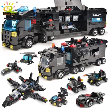 Полицейский участок HUIQIBAO SWAT Модель грузовика Строительные блоки Городская машина Фигурки автомобилей-вертолетов Кирпичи Развивающая игрушка для детей