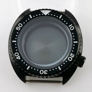 Полностью Черный PVD 45 мм Корпус часов Подходит для механизма NH35A NH36A 50 м Водонепроницаемое Черное кольцо Из сплава Безель Вставка Сапфировое Стекло