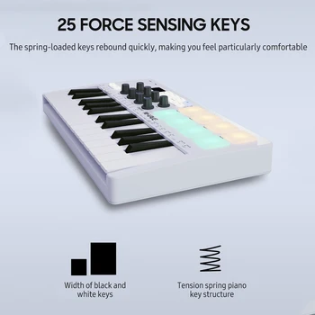 Портативный MIDI-Контроллер MIDI-клавиатуры M-VAVE с 25 Клавишами USB с 8 Ударными Площадками С подсветкой, 8 Ручками, 8 Музыкальными Клавишными Инструментами RGB