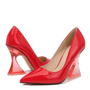 Размер 44 45 46 Женские туфли-лодочки-шлепанцы странного стиля, прозрачные красные туфли на высоком каблуке, сексуальные женские свадебные туфли без застежки с острым носком для невесты