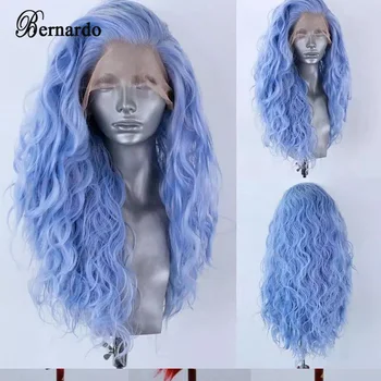 Синтетические парики на кружеве Bernardo, Синий Кудрявый парик, Черные женские детские волосы, Термостойкое волокно, Предварительно Выщипанный натуральный волосяной покров.