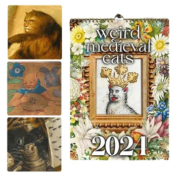 Средневековый кошачий календарь на 2024 год с кошачьими картинками Декоративный кошачий календарь планирования, подвесной 28x22 см для украшения дома