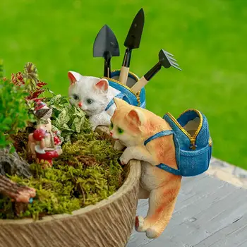 Статуя кота из смолы Декор цветочного горшка Микро Пейзаж Миниатюрный рюкзак Кошка Бонсай Украшение для сада