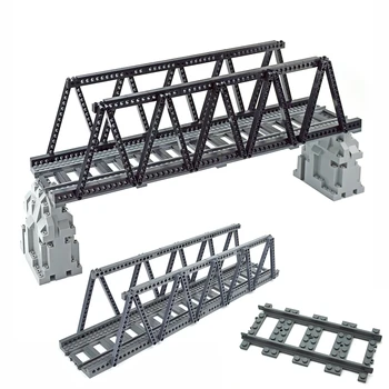 Строительные блоки для железнодорожного моста, детали MOC, Городской виадук для поездов, мост с рельсами и каменной панелью, креативная игрушка из кирпичей 