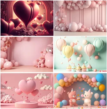 Фон для свадебного украшения с воздушным шаром в виде сердечка, Праздничный торт с мишкой, День рождения, Розовый фон для портрета ребенка, декор для облачных кексов